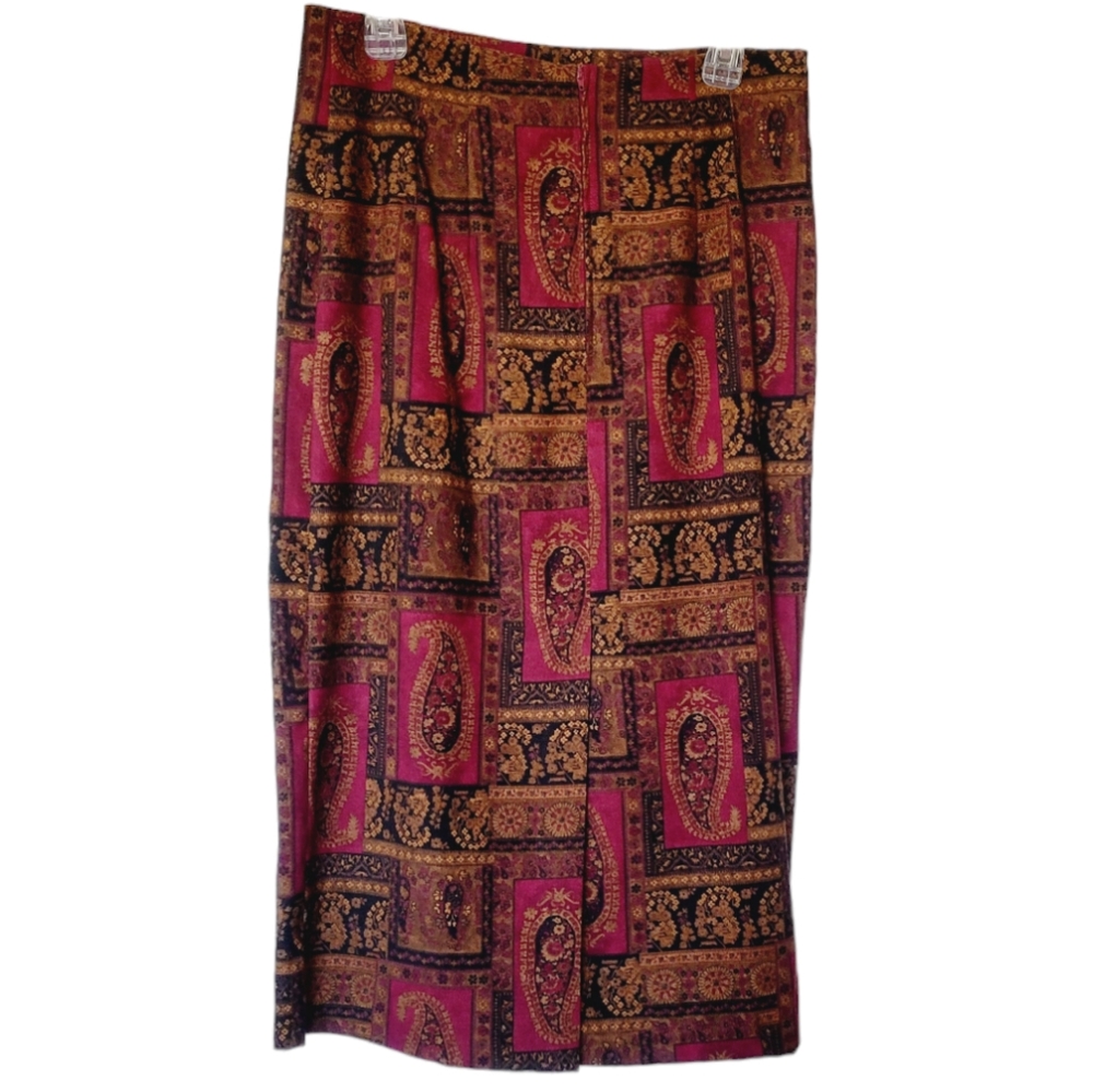 🌺3 for $10 BRIGGS Petite Burgundy Wine Paisley Skirt - Picture 2 of 9